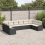 Schwarzes 10-teiliges vidaXL Garten-Sofa-Set aus Poly Rattan mit beigen Kissen.