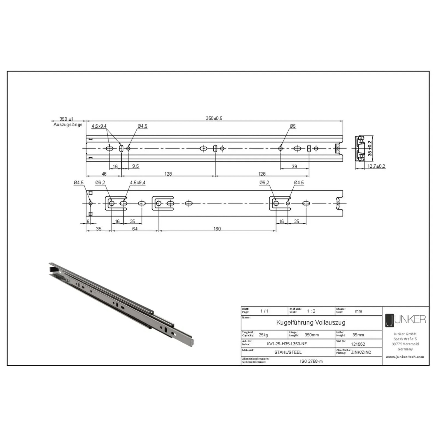 SOTECH Vollauszug 350 mm, 25 kg Tragkraft. Technische Zeichnung und Produktansicht für Schubkastenauszüge.