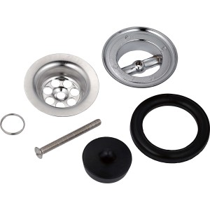 Universalventil Stahl Ø 38,5 mm für Waschbecken, bestehend aus Ventilkörper, Dichtungen und Schraube.