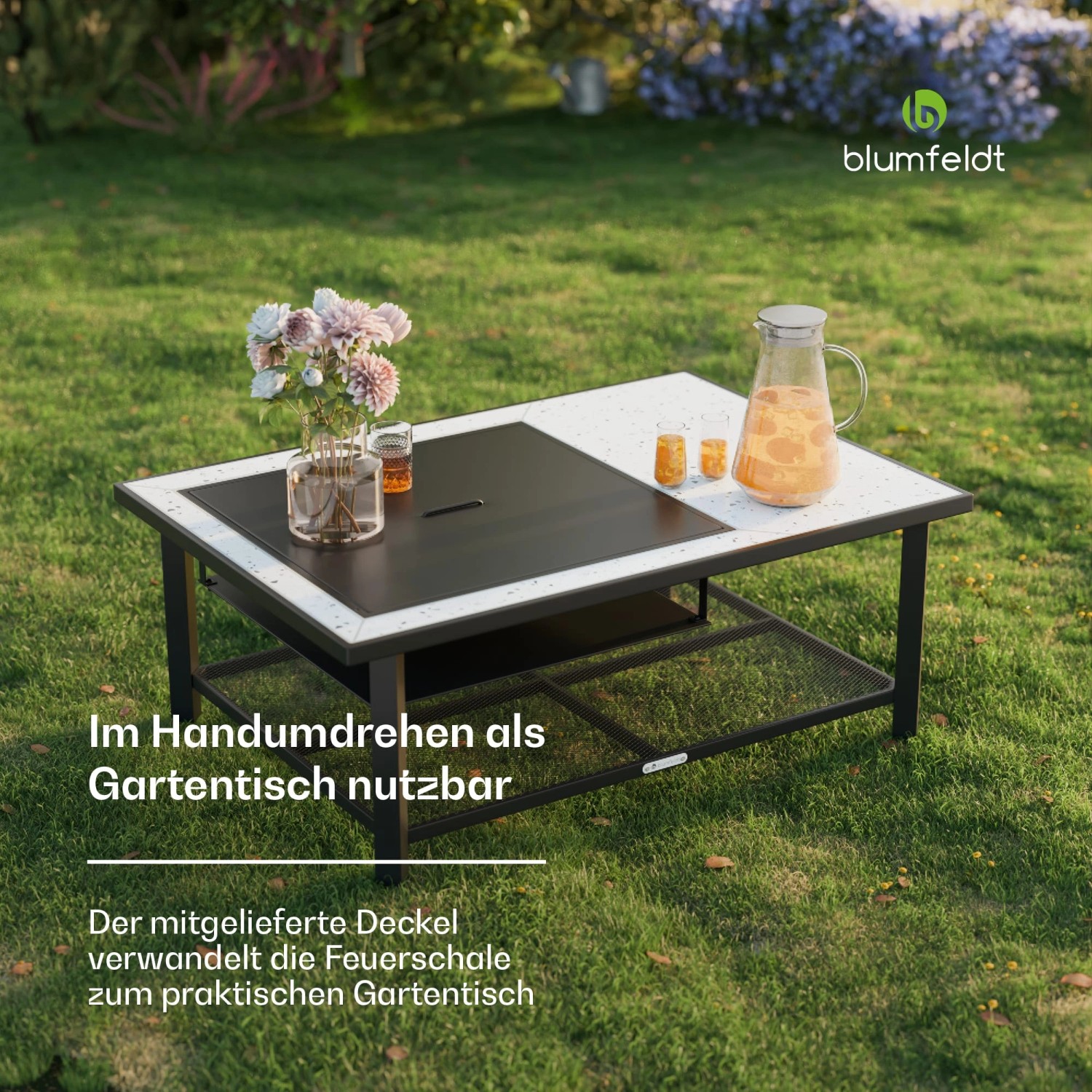 Blumfeldt Merano Feuerschale als Tisch mit Grillfunktion, 122x87 cm, weiß. Gartentisch mit Terrazzo-Platte.