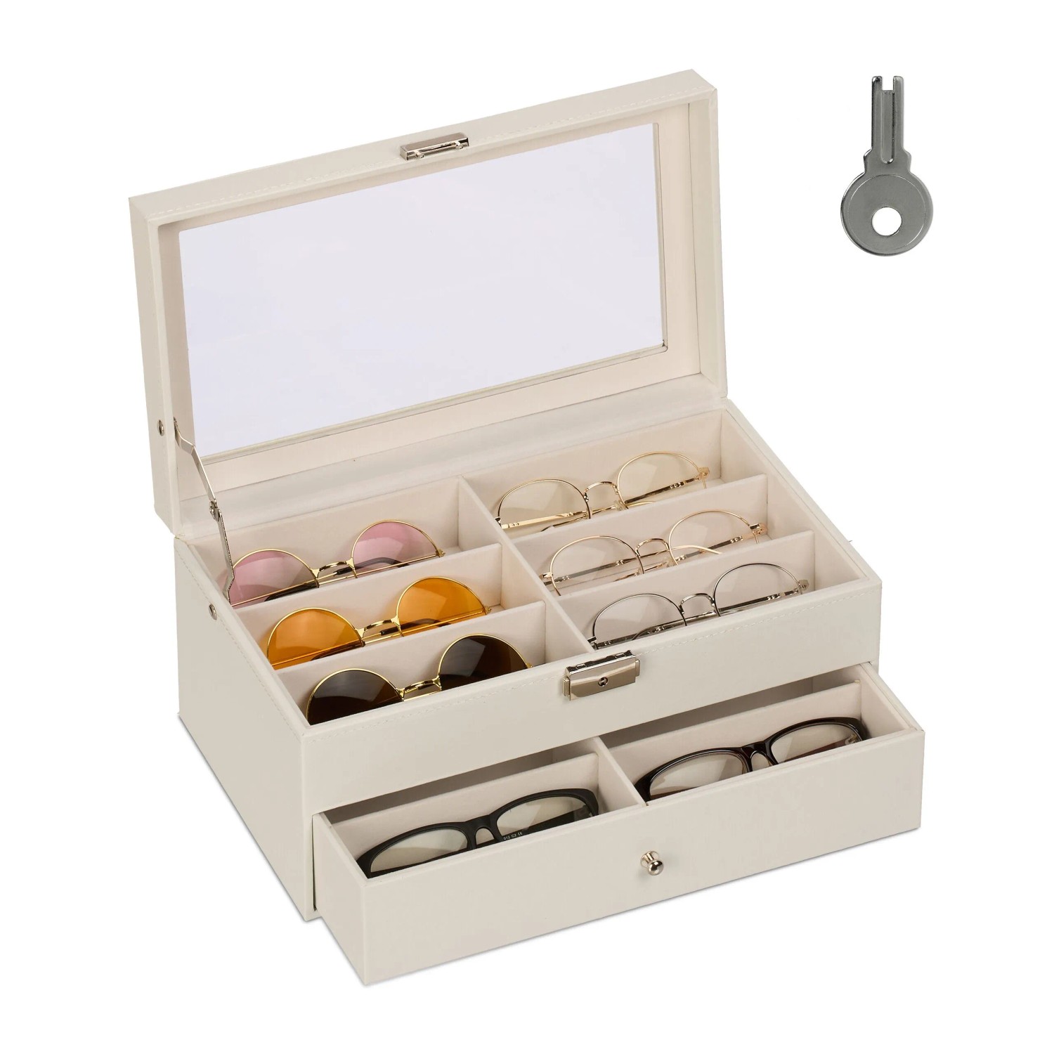 Relaxdays Brillenbox für 12 Brillen MDF Weiß Abschließbar 15,5 cm x 33,5 cm x 19,5 cm 1,8 kg