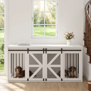 Weiße Merax Hundebox als TV-Schrank mit zwei Fächern, Schiebetüren, Gitter und zwei Hunden. Modernes Hundemöbel.