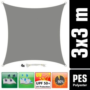 Graues, quadratisches AMANKA Polyester Sonnensegel 3x3 m. Wasserdicht, UV-Schutz, inkl. Befestigungsseile.