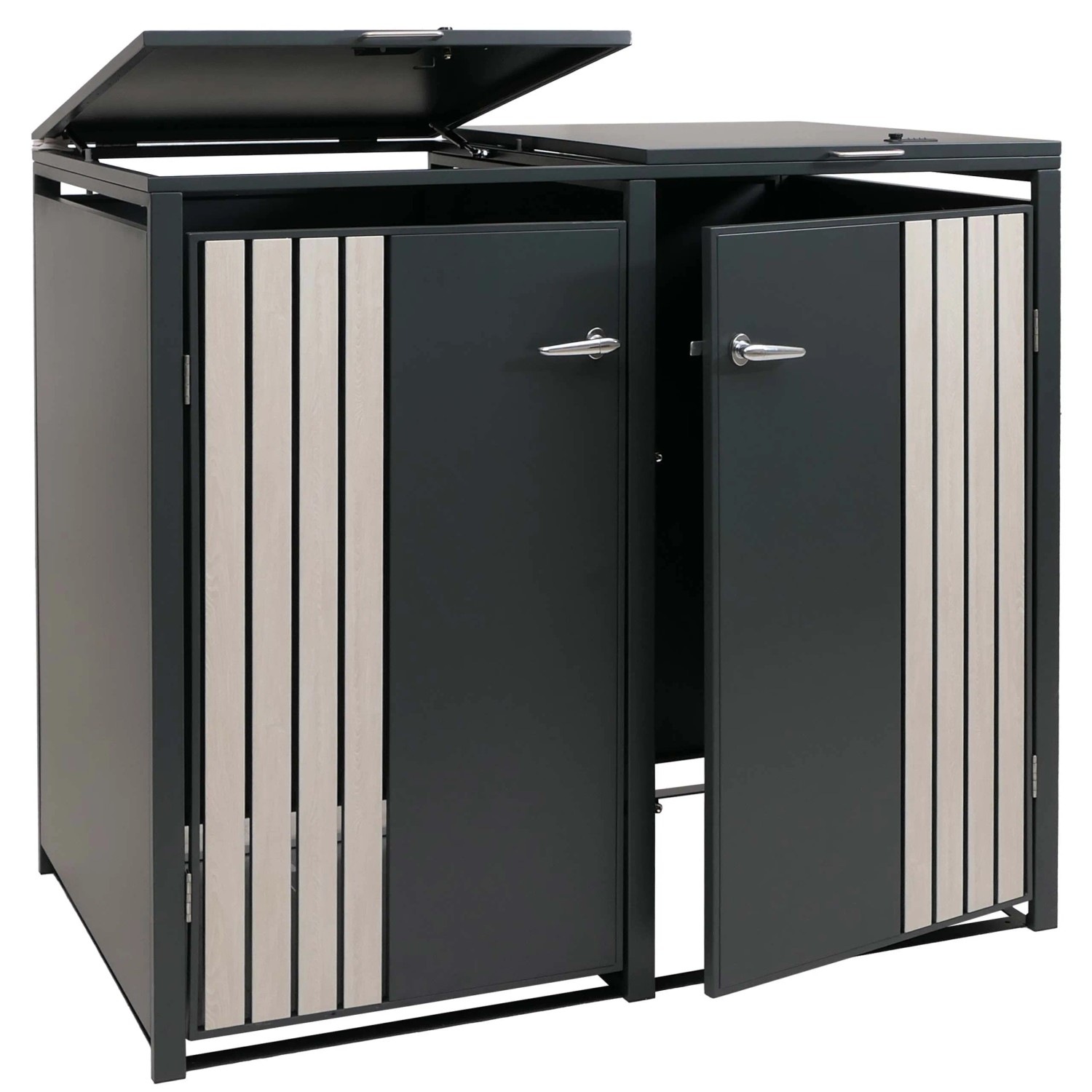 MCW 2er-Mülltonnenverkleidung O67 Anthrazit Holzoptik Hell 122x132x84cm