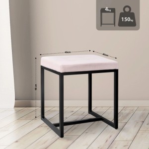 Cremefarbener Sitzhocker Barci aus Stoff mit schwarzem Metallgestell, 40x40x48 cm. Belastbar bis 150 kg.