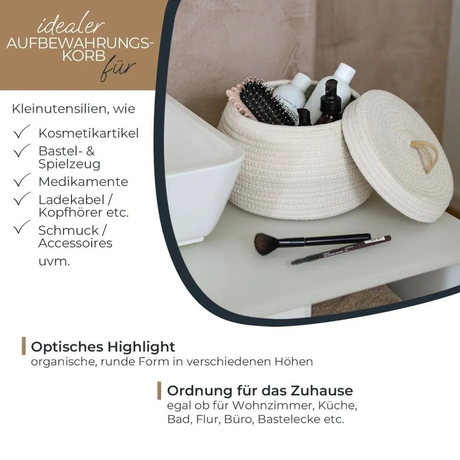 HMF 39031-MH-30 Aufbewahrungskorb Badezimmer Rund Korb Deckel Baumwolle Hoch 25 x 19 cm Creme