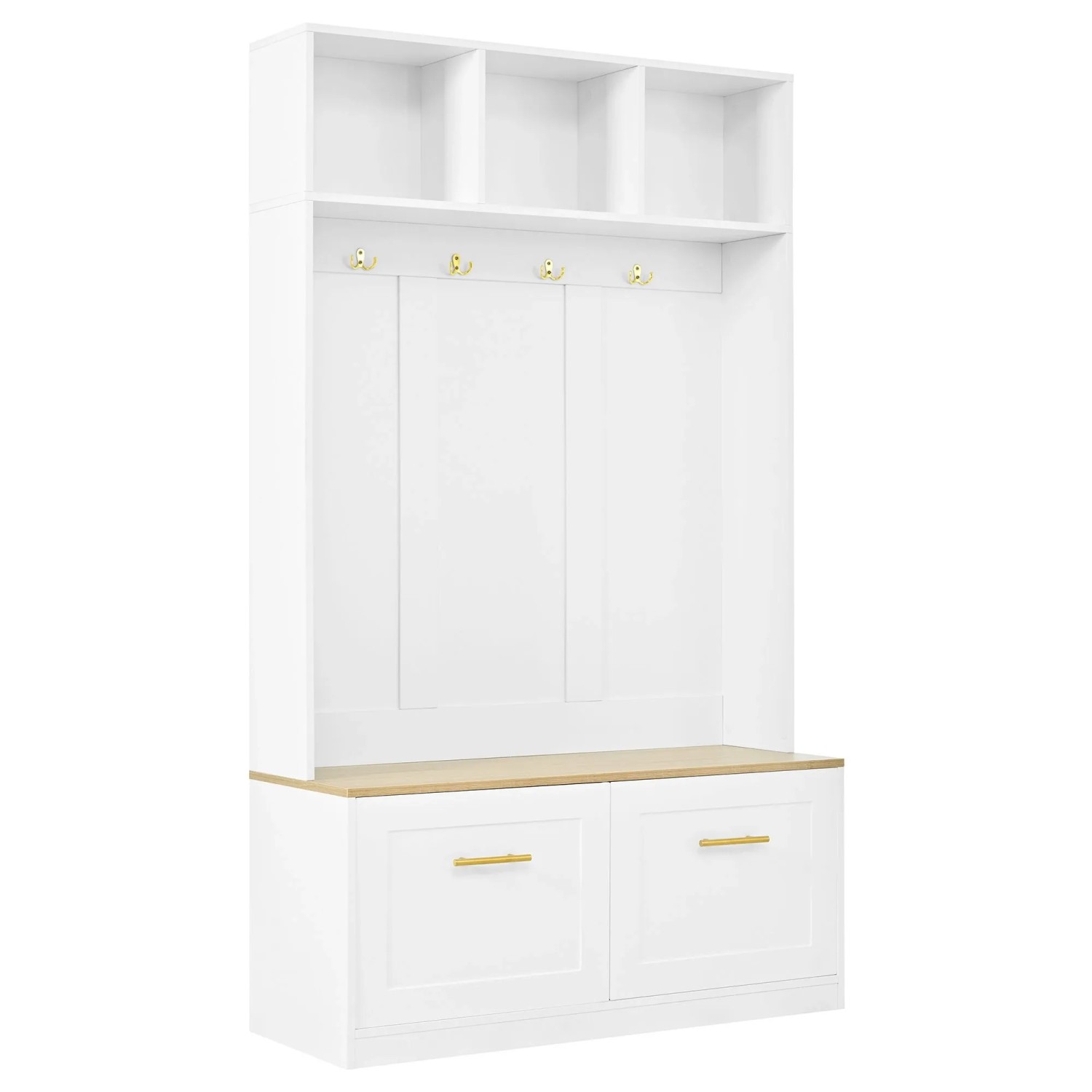 okwish Garderoben Set mit Sitzbank 4 Haken 2 Türen Flur 105x180x40cm Natur Weiß