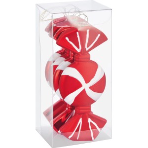 Baumschmuck-Set: 4 rote Bonbons mit weißer Wickeloptik im transparenten Behälter.