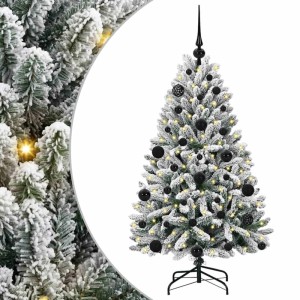Geschmückter, künstlicher, grün-weißer Weihnachtsbaum (120 cm) mit LED-Lichtern und schwarzen Kugeln.