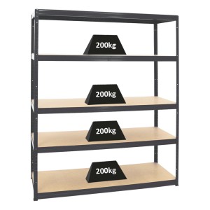 Schwarzes PROREGAL Schwerlastregal Giant Elephant mit 5 Böden, je 200 kg belastbar.