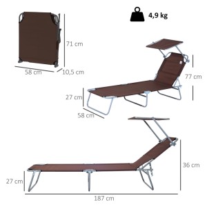 Braune Outsunny Klapp-Sonnenliege mit verstellbarem Sonnendach und robustem Metallgestell. Ideal für Garten & Camping.