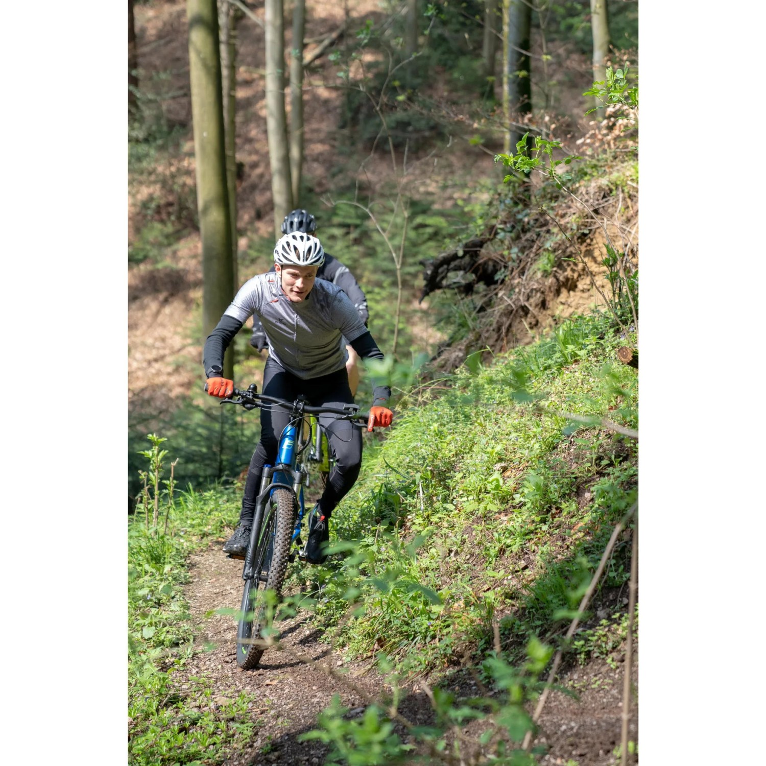 Fischer E-Bike Montis 6.0i: Zwei Mountainbiker auf einem Waldweg bergauf.