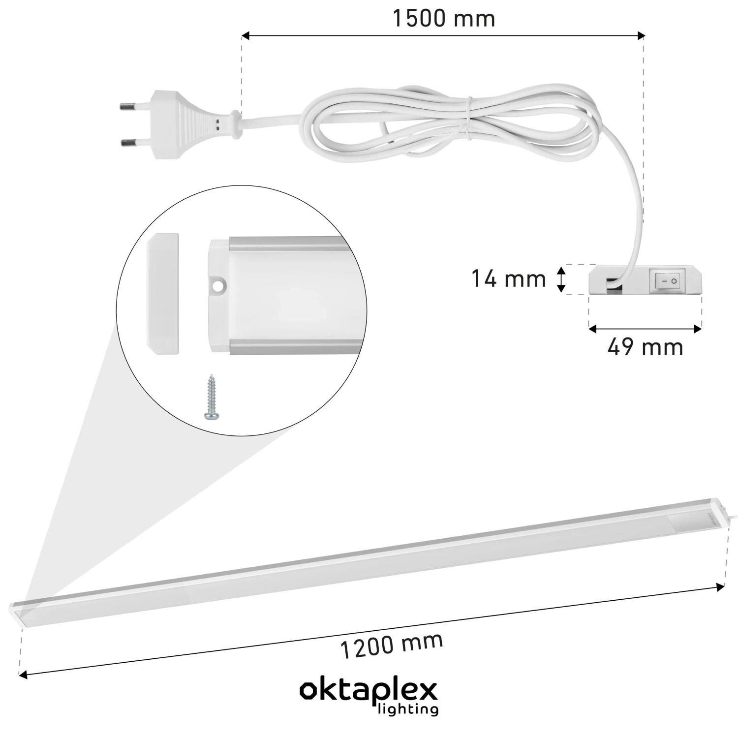 Flache Oktaplex LED Unterbauleuchte Küche, Aluminium, 120cm, warmweiß, mit Schalter und Zubehör.