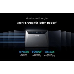 Anker SOLIX Solarbank 4 E5000 Pro mit Solarmodulen, blauen Energielinien. Zeigt 5000W MPPT Leistung für Balkonkraftwerk.