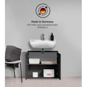 mokebo Waschbeckenunterschrank „Der Waschbär“ in Anthrazit mit offenem Stauraum.