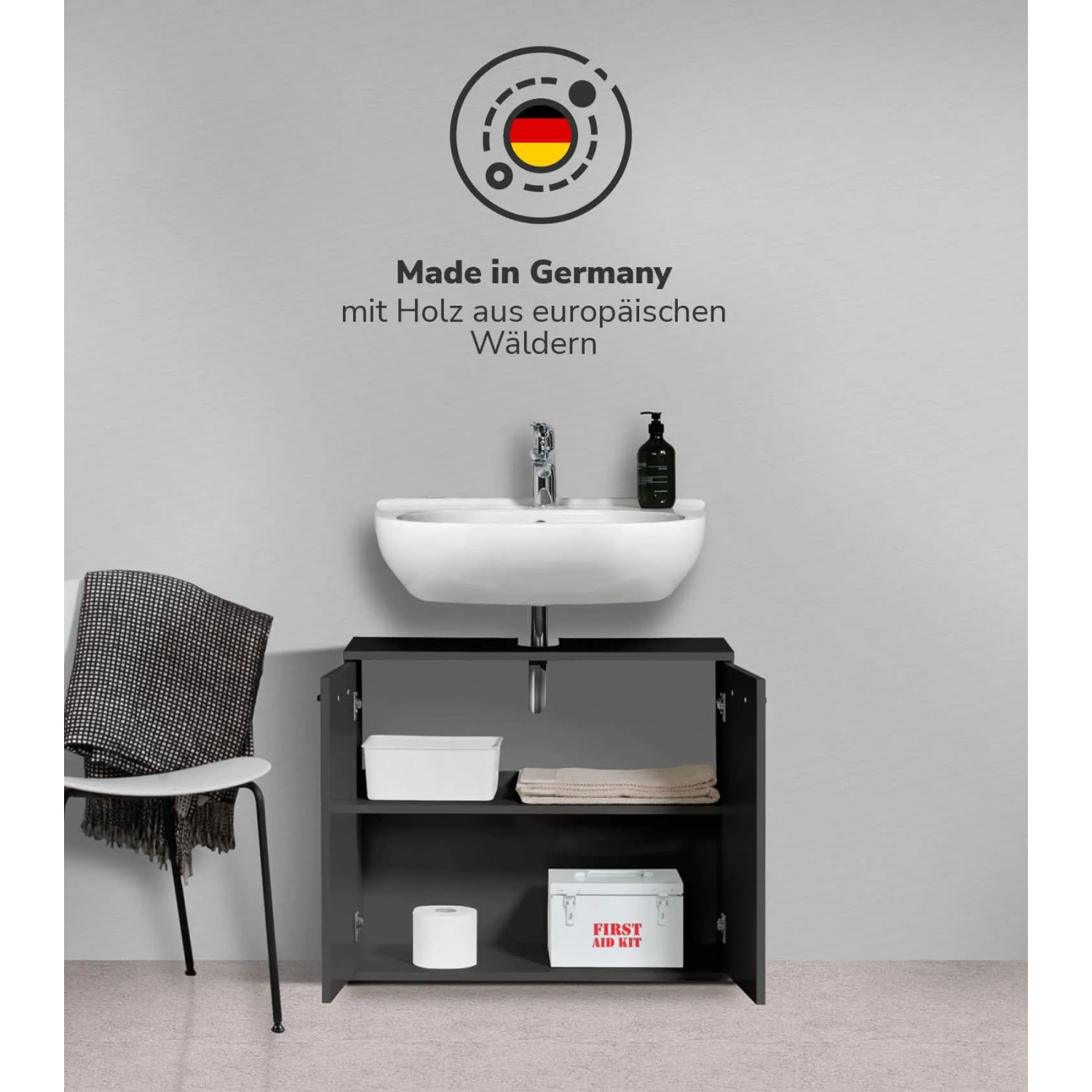 mokebo Waschbeckenunterschrank „Der Waschbär“ in Anthrazit mit offenem Stauraum.