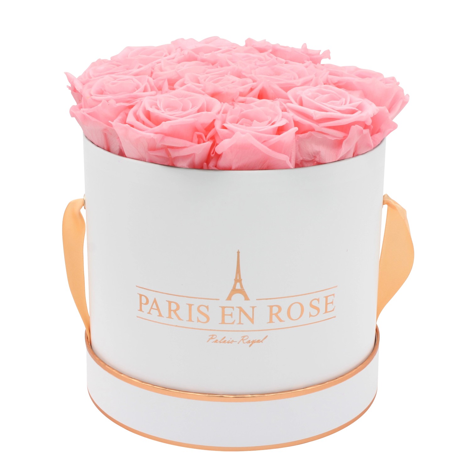 Rosenbox Ø 19 cm Weiß-Roségold mit 14 Rosa Rosen