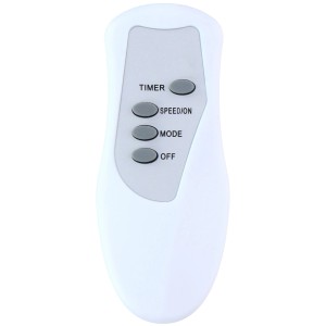Fernbedienung für Standventilator, weiß, mit Tasten für Timer, Geschwindigkeit, Modus und Aus.