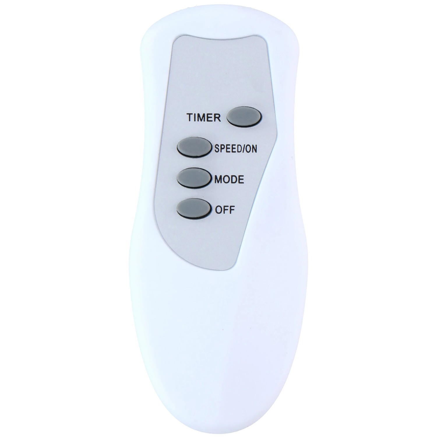 Fernbedienung für Standventilator, weiß, mit Tasten für Timer, Geschwindigkeit, Modus und Aus.