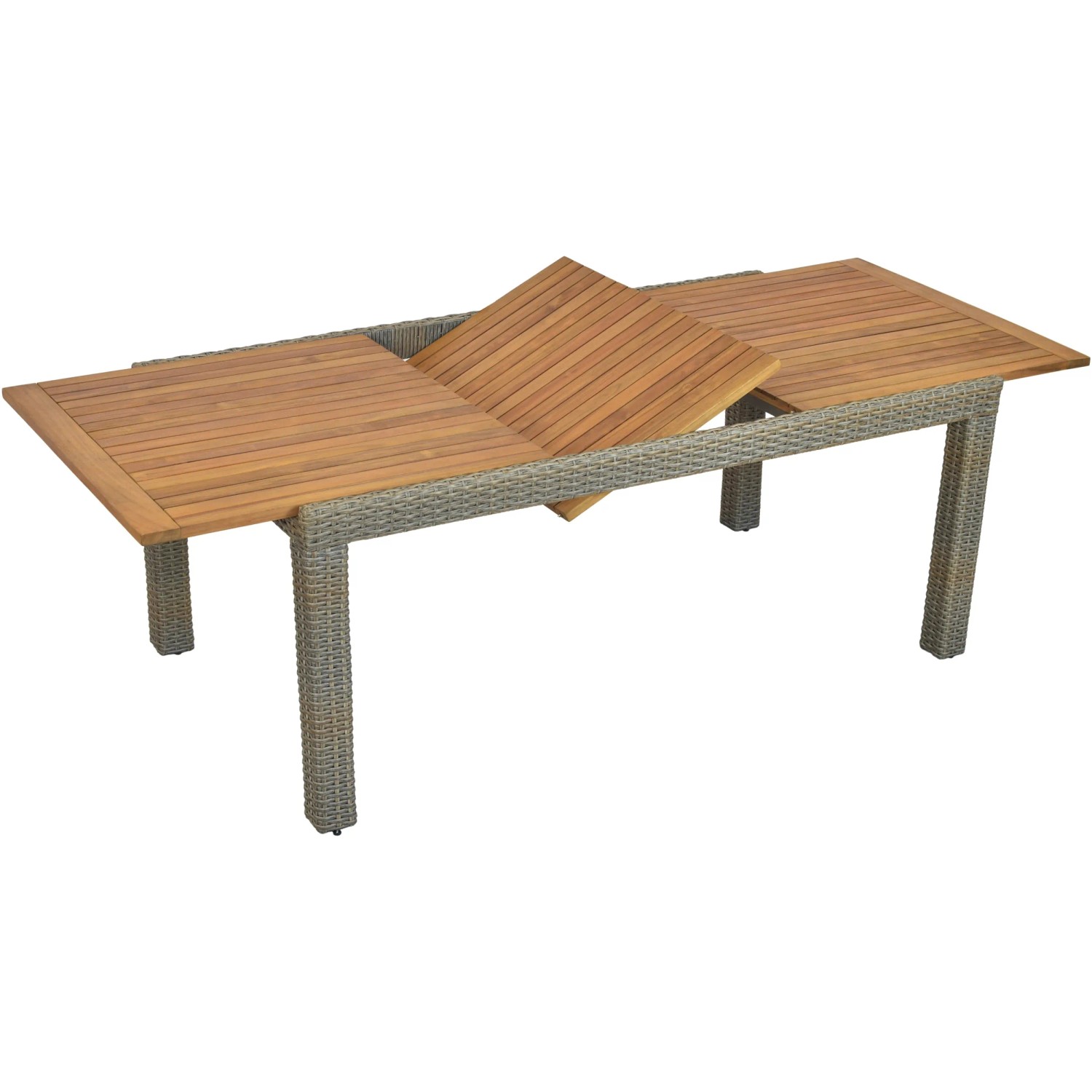 Merxx Ausziehtisch Imperia für Gartenmöbelset, Akazienholz-Tischplatte, grauem Kunststoffgeflecht.