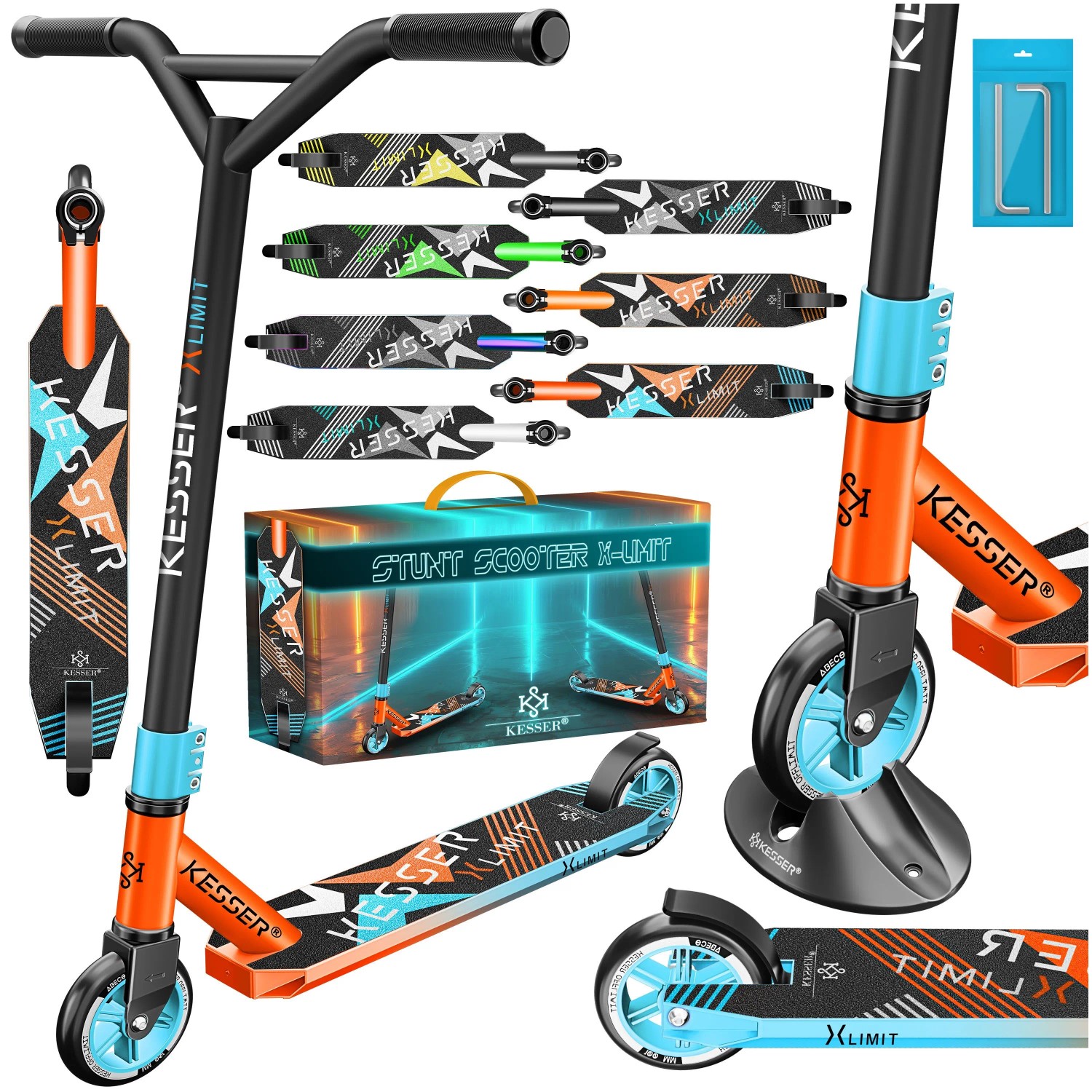 KESSER Stuntscooter X-Limit 360° Lenkung ABEC 9 100 mm PU Räder Rot Hellblau