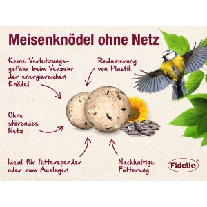 Fidelio Streufutter mit Meisenknödeln ohne Netz, Sonnenblumen und einer Blaumeise.