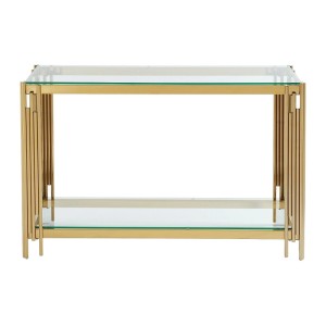 Goldfarbener Art Déco Konsolentisch Nomelano mit zwei Glasablagen aus Edelstahl, 123.5 cm breit.
