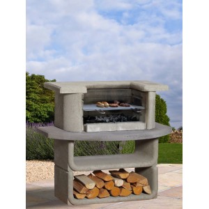 Buschbeck Grillbar Kingston aus Beton mit Grillrost und Holzscheiten im Ablagefach.