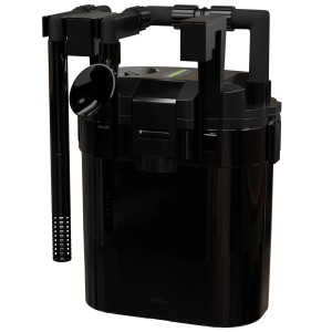 Dennerle Scaper's Flow Rucksackfilter für Aquarien, komplett in Schwarz mit Zubehör.