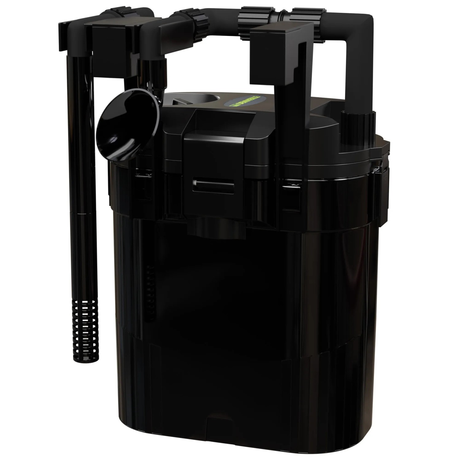 Dennerle Scaper's Flow Rucksackfilter für Aquarien, komplett in Schwarz mit Zubehör.