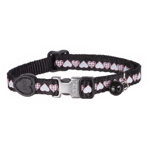 Schwarzes Trixie Katzenhalsband aus Nylon mit Herzen und Glöckchen.