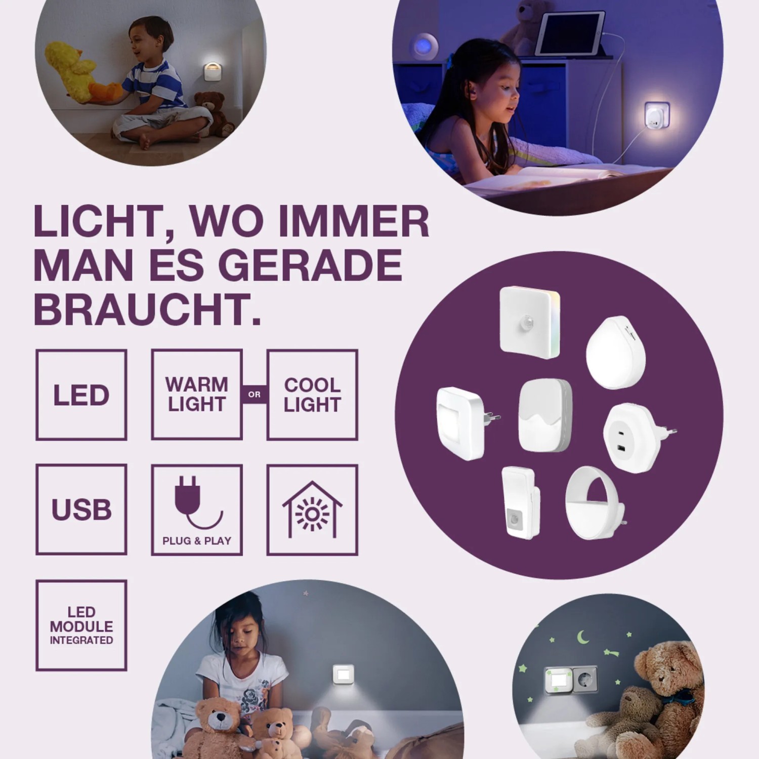 Osram Lunetta Glow LED-Nachtlicht: Verschiedene Modelle und Anwendungsszenarien im Kinderzimmer.