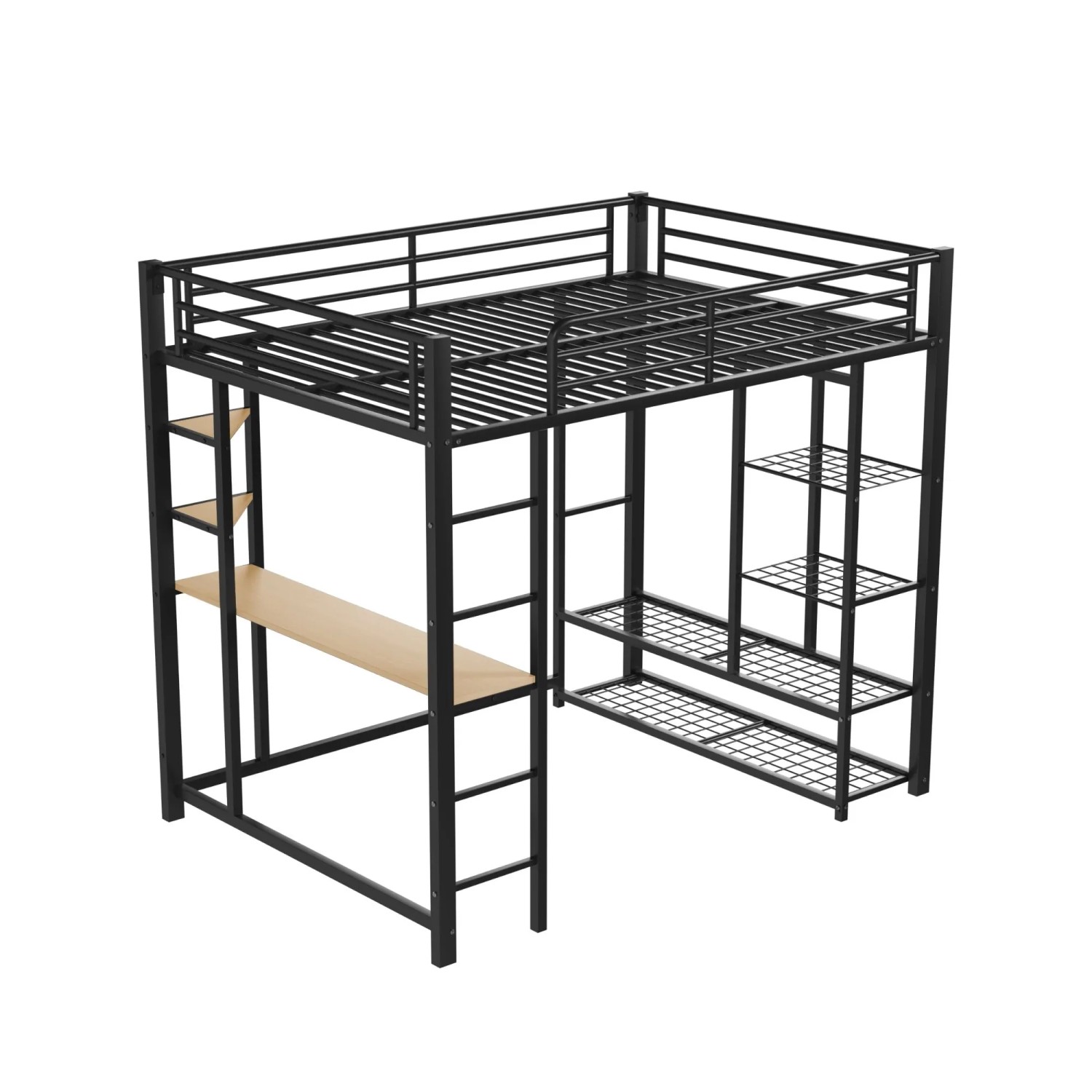okwish Hochbett 140x200cm mit Leiter Tisch Ablagefächern Kinderzimmer Schwarz ohne Matratze