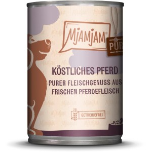 Mjamjam Nassfutter Pferd, getreidefreies Hunde-Nassfutter im 400g-Format.