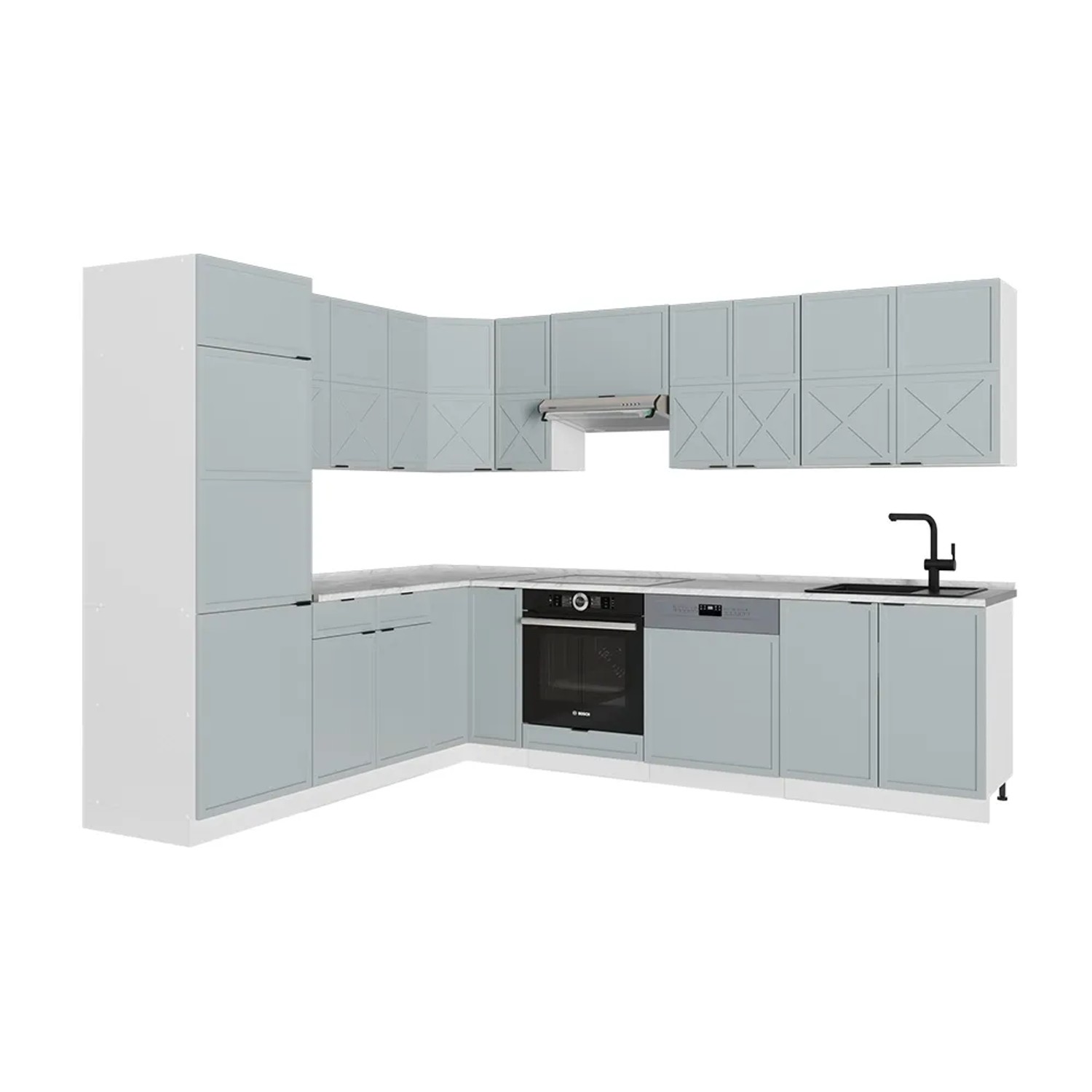 Vicco Fame-Line Eckküche Hellblau-grau/Weiß 227 x 287 cm AP Marmor ohne E-Geräte