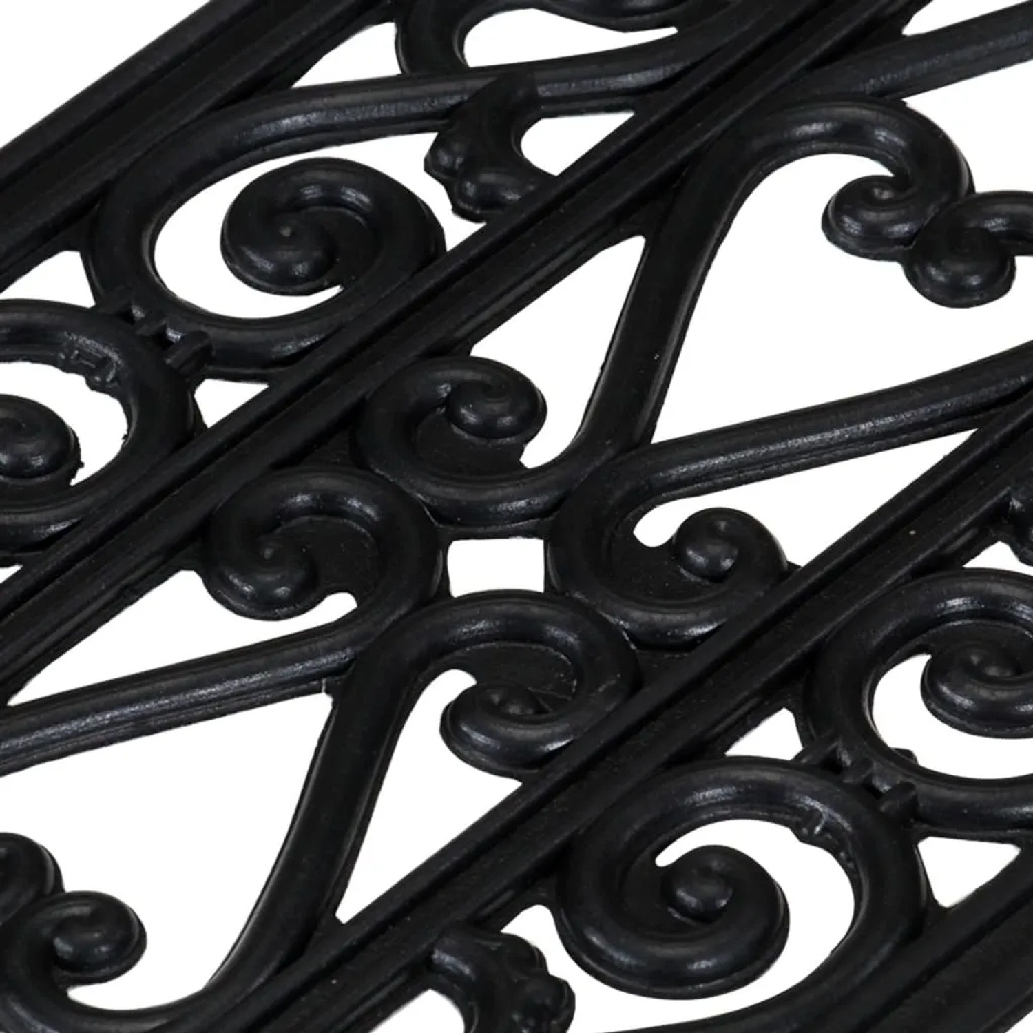 Schwarze Gummi Stufenmatte mit detailreichem Vintage-Muster in Schmiedeeisen-Optik. Rutschfeste Treppenmatte.