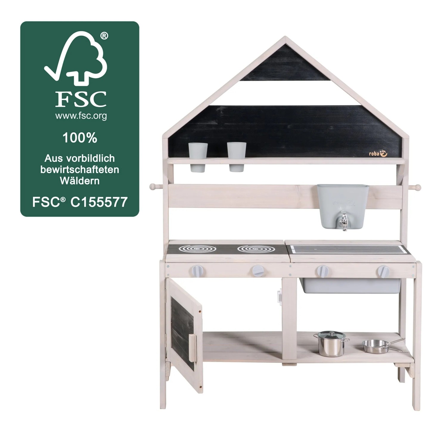 roba Outdoor Matschküche in Hausoptik aus FSC-Holz, grau lasiert, mit Zubehör.