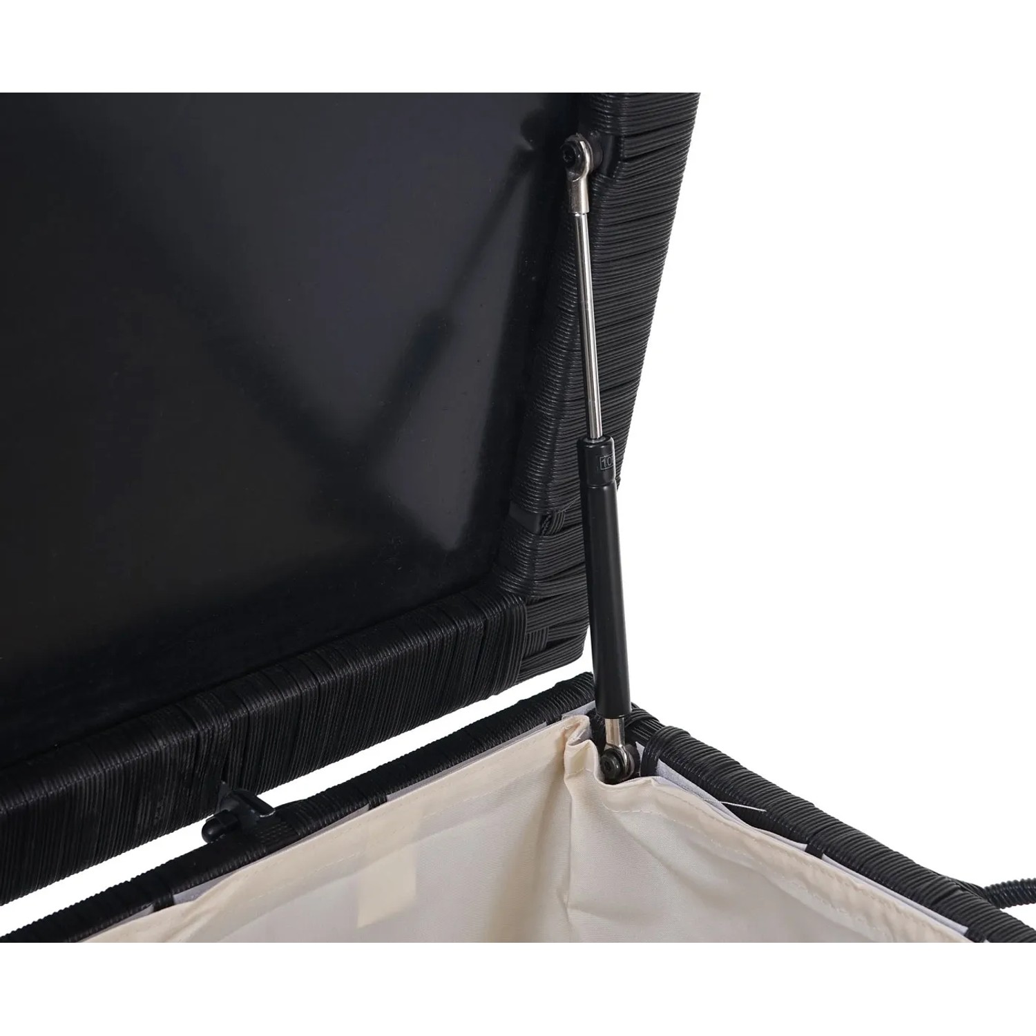 Geöffnete, schwarze Poly-Rattan Kissenbox Premium (170l) mit Hydraulik und Innenbezug.