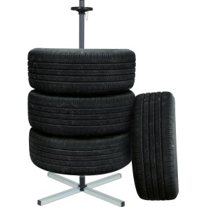 Felgenständer XXL mit vier Reifen. Reifenbaum zur Lagerung von Autoreifen in Garage.