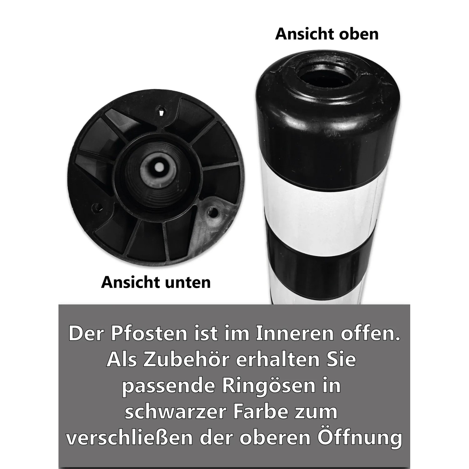 UvV Absperrpfosten Ecoline, 100cm, schwarz mit Reflexstreifen, Ansicht von oben und unten.