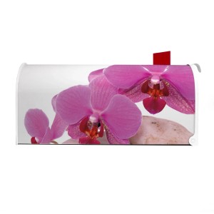 Weißer US Briefkasten mit Orchideen Motiv. Amerikanischer Postkasten aus Stahl, pulverbeschichtet.