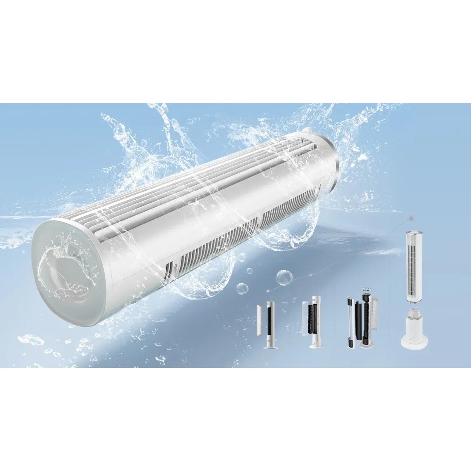 Midea Turmventilator MFZ402R0BPW (103 cm) unter Wasser, verschiedene Ansichten des Ventilators.