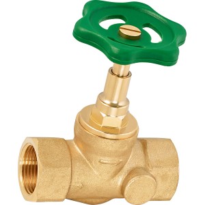 Durchgangsventil Ø 24,1 mm aus Messing mit grünem Handrad zum Regulieren von Wasserleitungen.