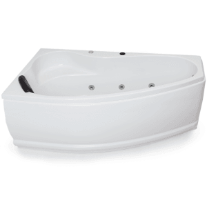 Eck-Whirlpool Badewanne Formentera Links, weiße Acrylwanne mit Massagedüsen und Kopfstütze.