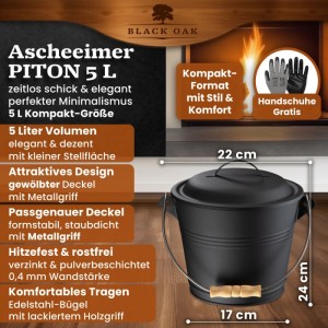Schwarzer BLACK OAK Ascheeimer PITON 5L mit Deckel für Kamin und Grill.