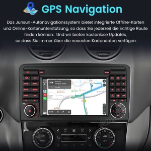 Junsun Autoradio mit GPS Navigation im Mercedes-Benz. Routenkarte auf dem Touchscreen-Display der Autoelektrik.