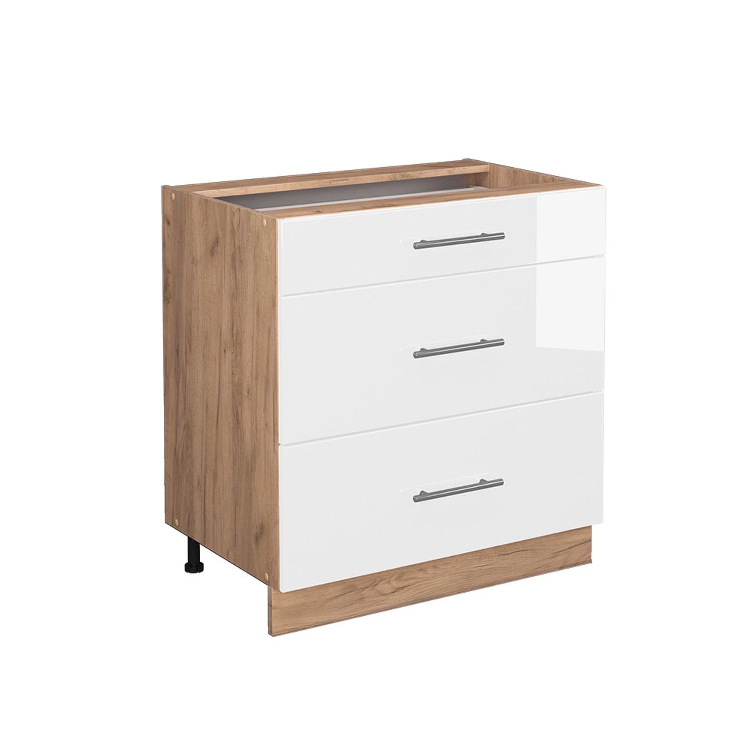 Vicco Küchenunterschrank Fame-Line Weiß Hochglanz/Goldkraft Eiche 80 cm mit 3 Schubladen ohne Arbeitsplatte