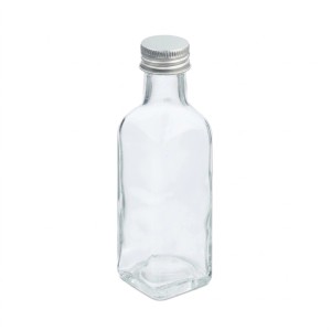 Transparente Glas-Miniflasche mit silbernem Schraubverschluss. Ideal für Liköre, Schnäpse oder Öle.