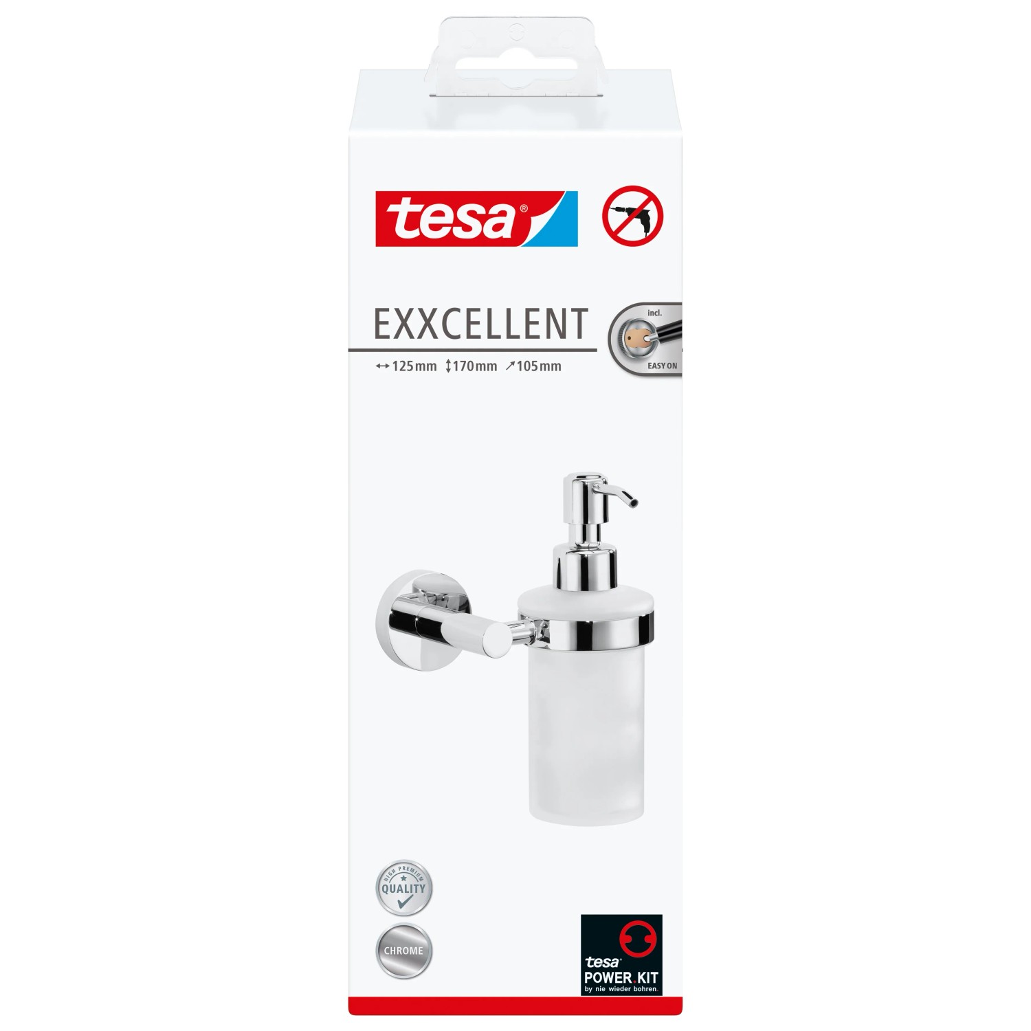 Tesa Exxcellent Seifenspender Chrom, zur Wandmontage ohne Bohren, im Karton.