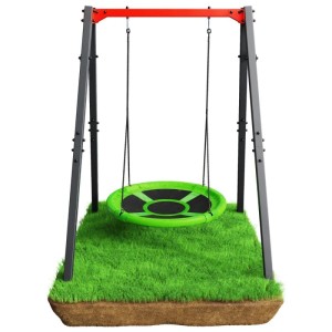 K-SPORT Kinderschaukel mit dunkelgrauem Stahlrahmen, roter Querstange und grüner Nestschaukel auf Gras.